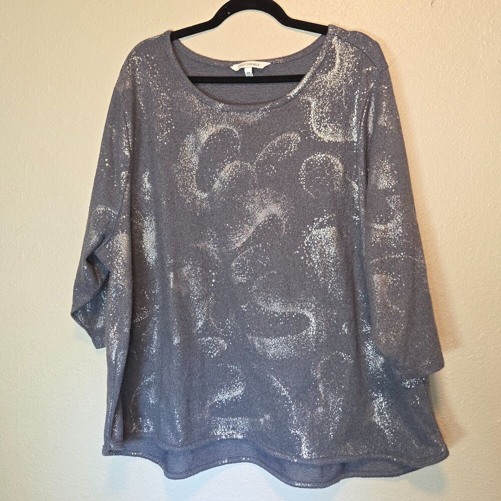 Emily Daniels Grey Metallic Foil Animal Print Sweater Top 3X